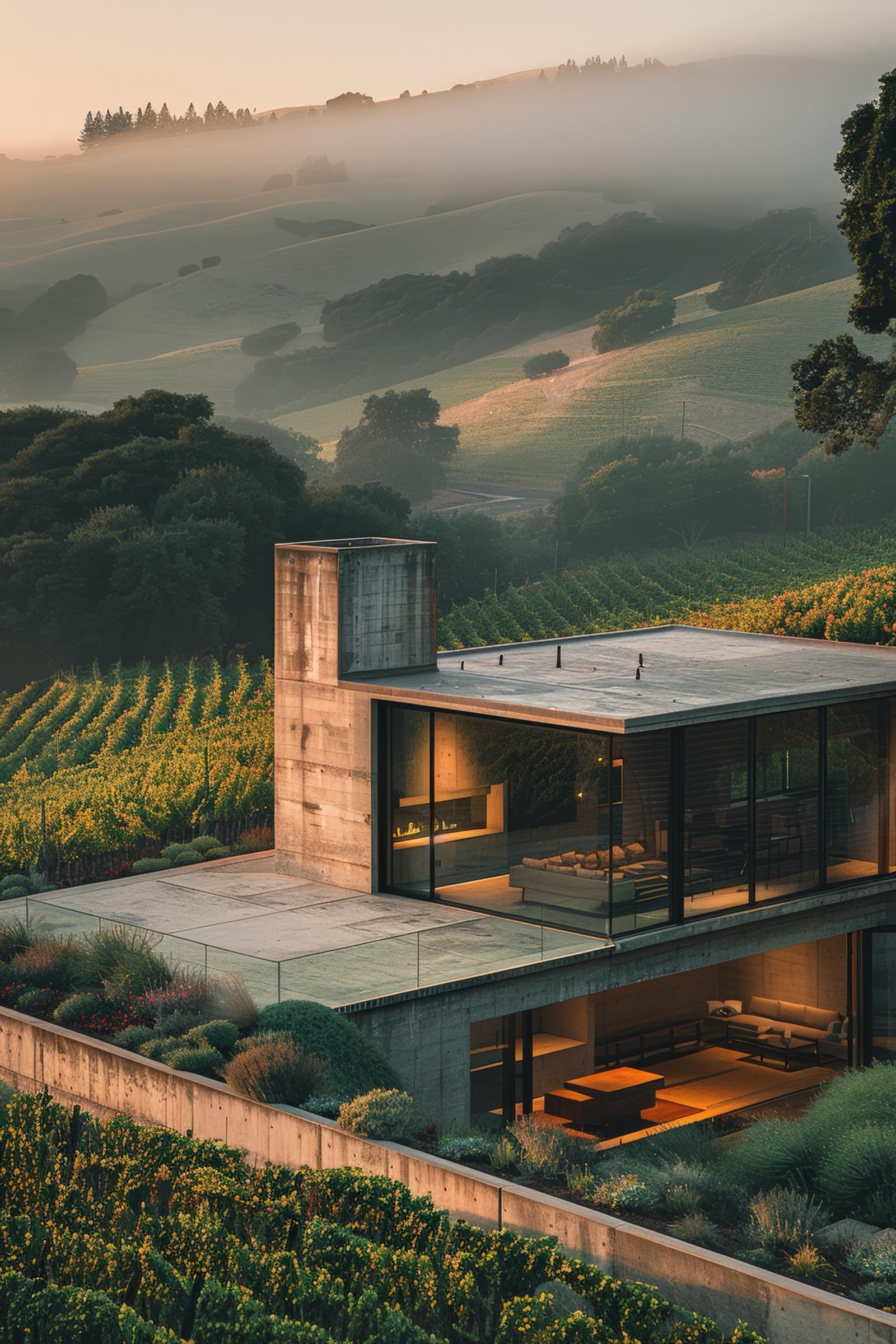 Anar Villa at dusk, a concrete home overlooking pomegranate and grape vineyards